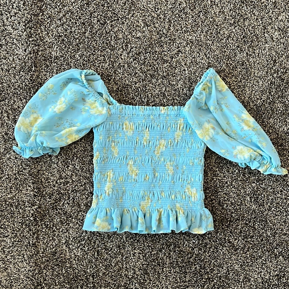Cinched Wayf Top for Women, Light blue with Flowers